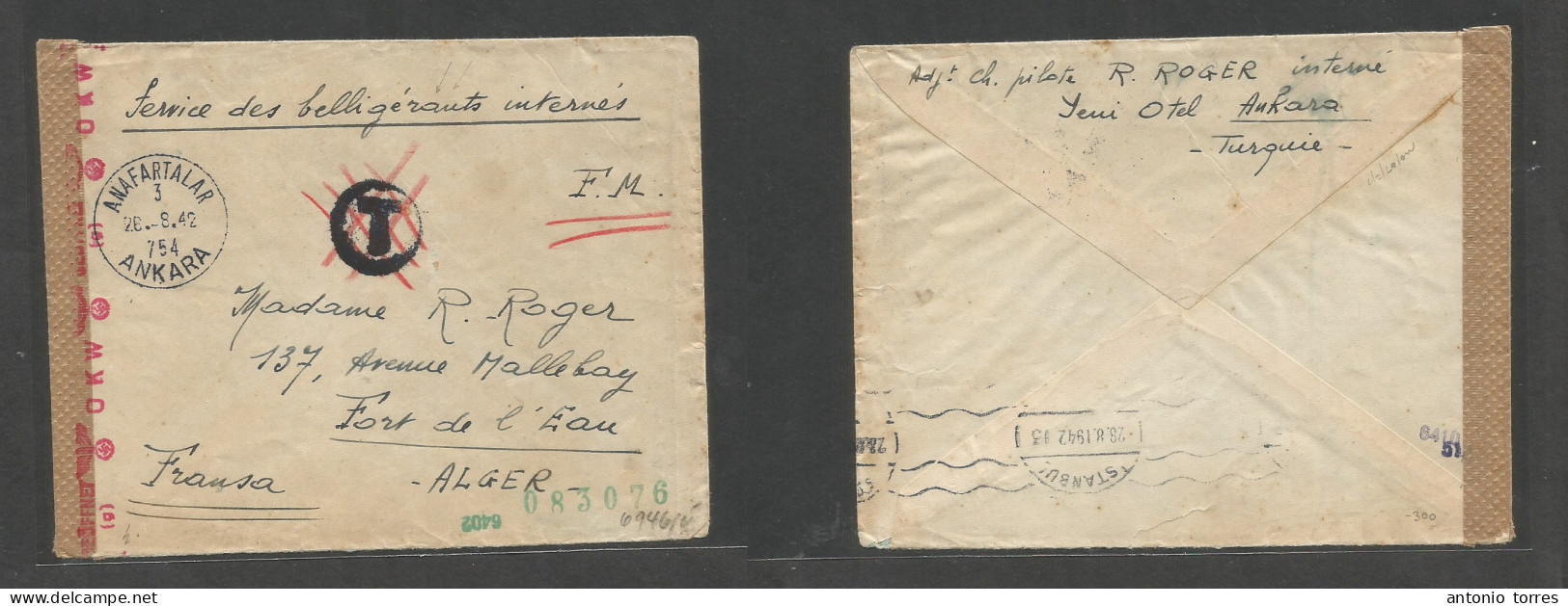 Turkey. 1942 (26 Aug) WWII. POW, Internees Mail French Citizen At Anafar Talar Camp. Addressed To Alger, Fort De L'eau. - Other & Unclassified