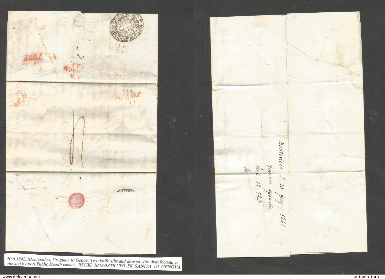 Uruguay. 1842 (20 June) Montevideo - Italy, Genova (12 Sept) EL With Full Contains, Slit Dessinfections, Carried By Sard - Uruguay