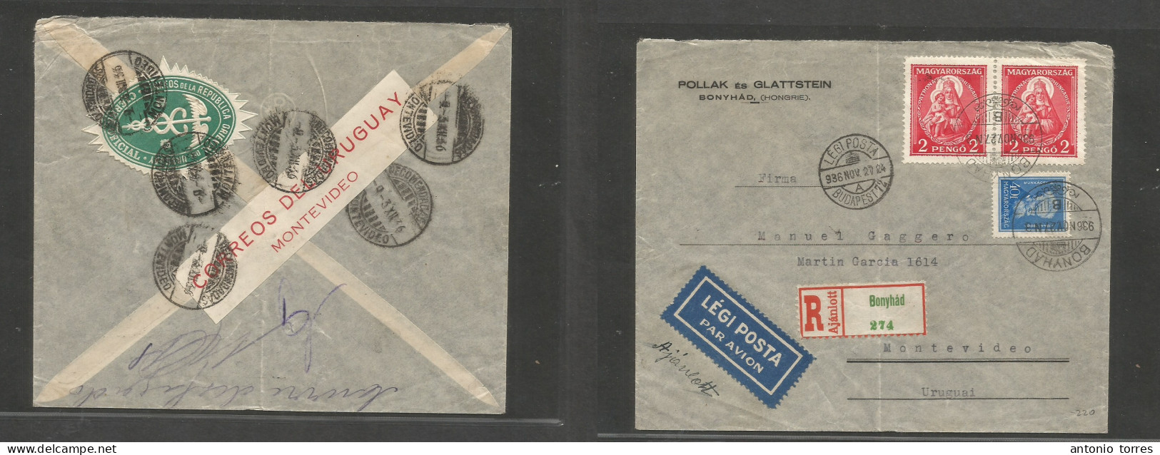 Uruguay. 1936 (27 Nov) HUNGARY, Budapest - Montevideo (3 Dec) Registered Air Multifkd Env, Reverse Sealed By Two Differe - Uruguay