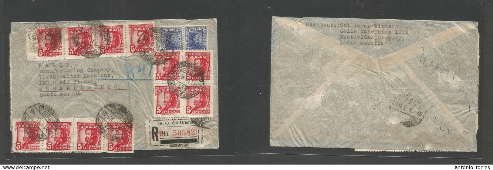 Uruguay. 1946 (11 May) Montevideo - South Africa, Joburg. Registered Air Multifkd Envelope At 62r Rate. VF. Proceres + R - Uruguay