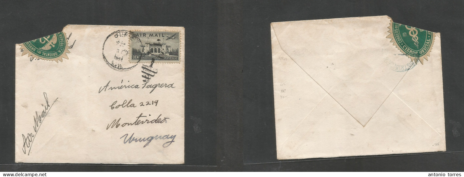 Uruguay. 1954 (Feb) USA, Okney, Md - Montevideo. Fkd Airmail Envelope, Cover Corner Damaged Resealed At Destination By O - Uruguay
