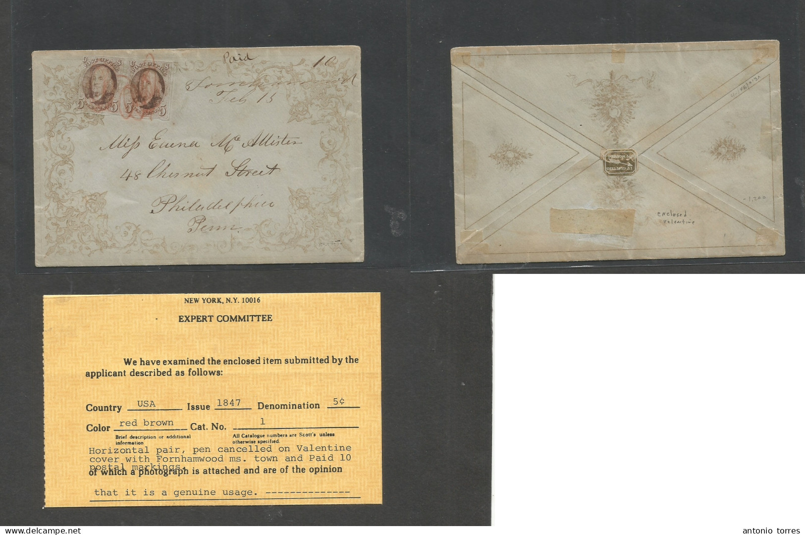 USA. C. 1847 (Feb 15) Fornhamwood - Philadelphia, PA. Valentine Envelope With Love Card Contains Fkd Sc. 15c Horiz Red B - Sonstige & Ohne Zuordnung