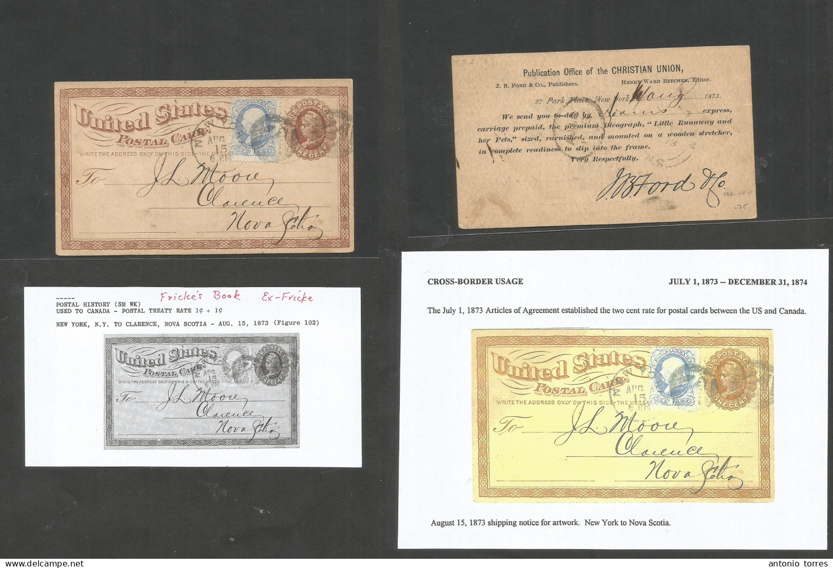 Usa - Stationery. 1873 (14 Aug) NYC - Nova Scotia, Clarence. 1c Brown Early Stat Card + 1c Blue Adtl "2" Cork Cds Cancel - Other & Unclassified