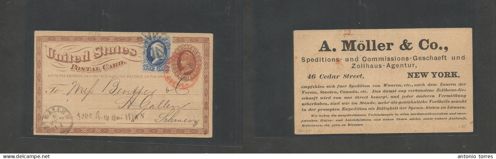 Usa - Stationery. 1874. NY - Switzerland, St. Gallen (16 March) 1c Brown Early Stat Card + 1c Blue, Tied Cork Cancels + - Sonstige & Ohne Zuordnung