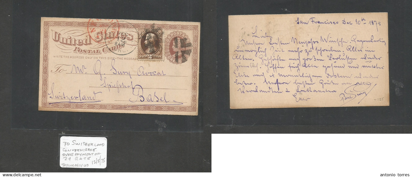 Usa - Stationery. 1875 (Dec 10th) San Francisco, CA - Switzerland, Basel Via NY Red Cds. 1c Brown Early Stat Card + 2c B - Otros & Sin Clasificación