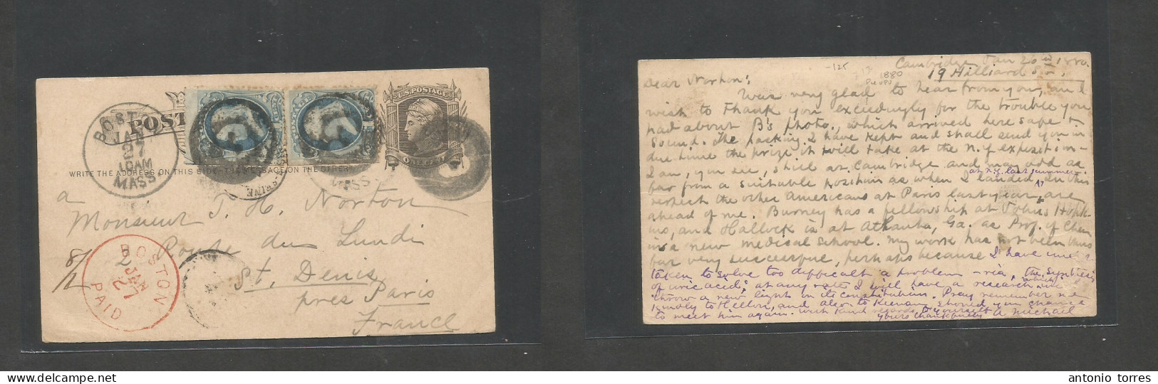 Usa - Stationery. 1880 (20 Jan) Cambridge, Mass - France, Paris Via Boston (27 Jan) Red + Black Cds Transits. 1c Black S - Otros & Sin Clasificación