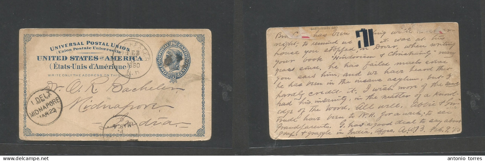 Usa - Stationery. 1880 (Feb 9) Manchester, NH - India, Midnapore (22 March) Fine Better Destination Transit + Arrival Ca - Sonstige & Ohne Zuordnung