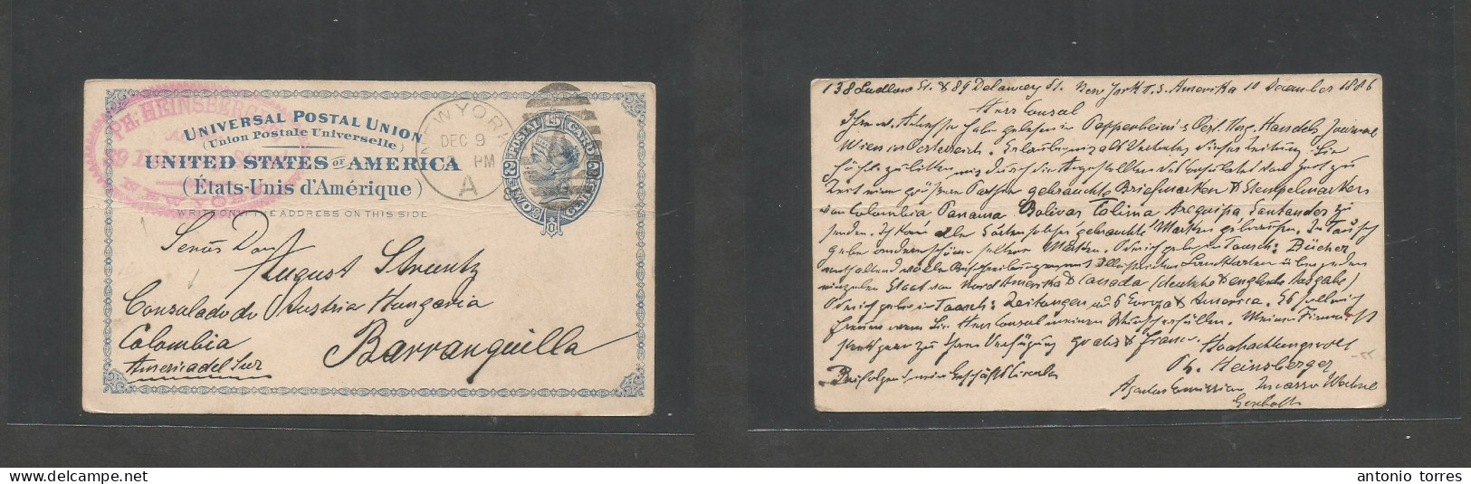 Usa - Stationery. 1886 (9-10 Dec) Austrian Hungarian Consul, NYC - Colombia, Barranquilla US 2c Blue Early Stat Card + B - Sonstige & Ohne Zuordnung
