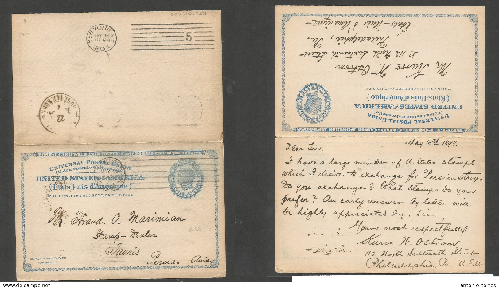 Usa - Stationery. 1894 (15 May) Philadephia, PA - Persia, Tauris, Asia Via NYC - Russia (Armenia - Azerbajan, TPO Transc - Autres & Non Classés