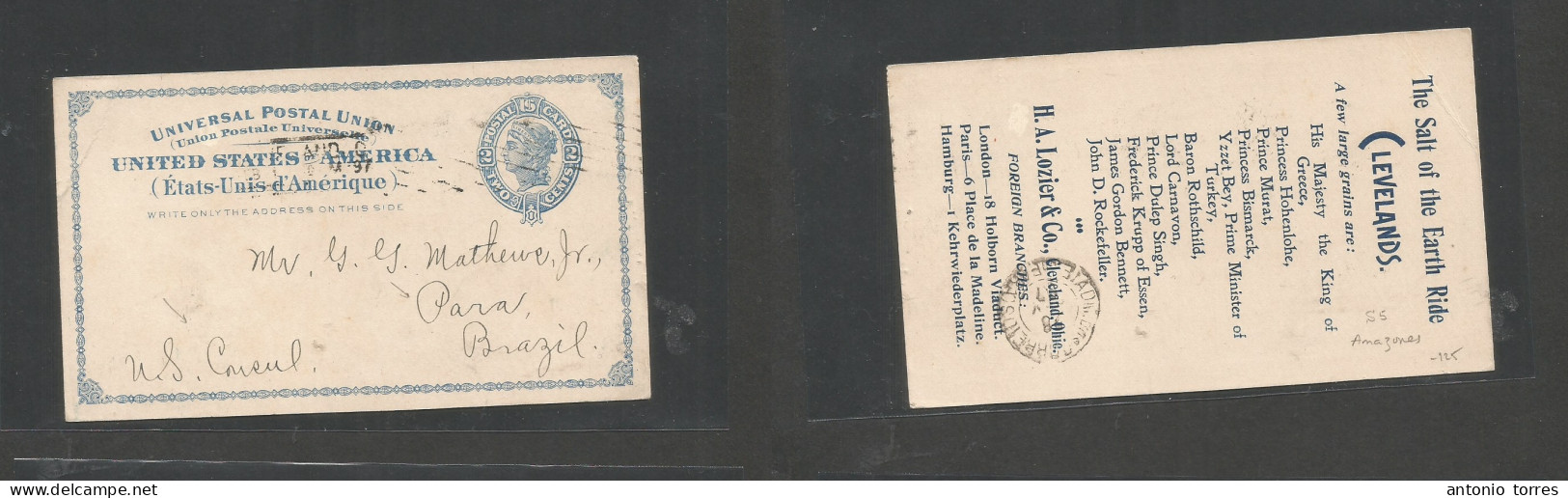 Usa - Stationery. 1897 (Feb) US Consular Mail. Cleveland, OH - Brazil, Para, Amazonas. Better Dest Area, Reverse Private - Other & Unclassified