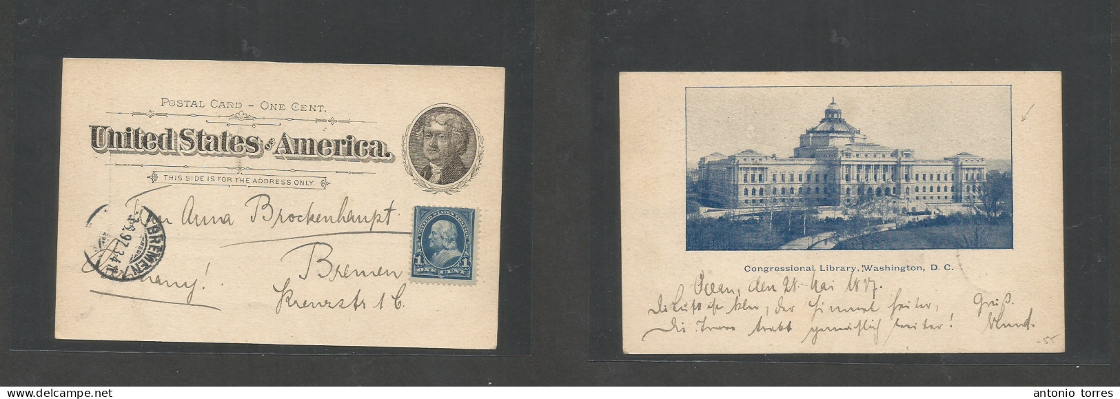 Usa - Stationery. 1897 (28 May) Ocean - Germany, Bremen (3 June) Private Photo 1c Black Stat Card + 1c Blue Adtl, Arriva - Other & Unclassified