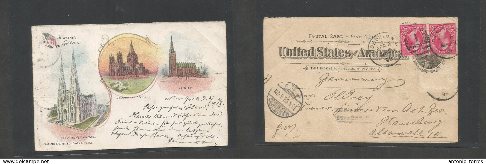 Usa - Stationary. 1898 (6 Apr) Hoboken, NJ - Germany, Hamburg (16 Apr) 1c Black Jefferson + 4c Red (2c Pair) Adtls On 5c - Other & Unclassified