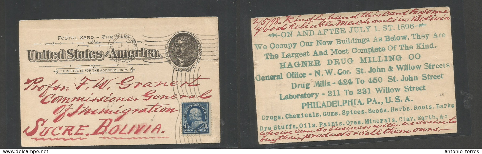 Usa - Stationery. 1898 (2 May) Philadelphia, PA - Bolivia, Sucre. 1c Black Stat Card + 1c Blue Adtl, Rolling Cds. Advert - Otros & Sin Clasificación