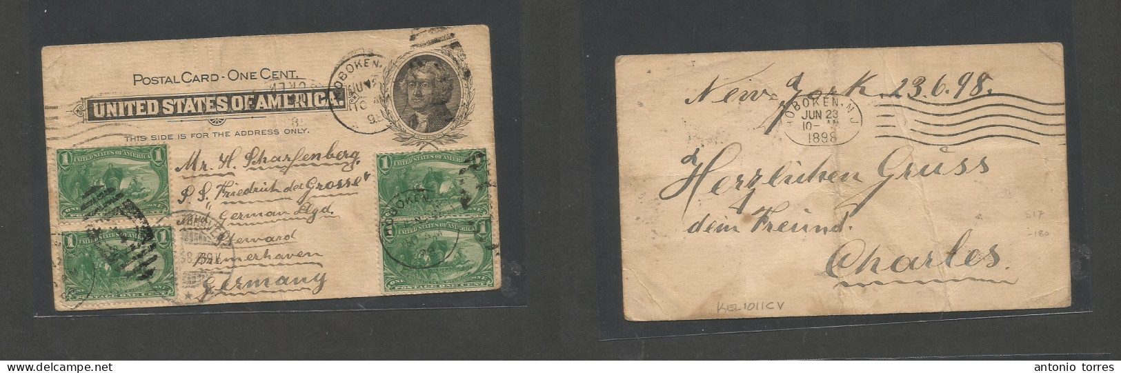 Usa - Stationery. 1898 (23 June) NYC, Holboken - Germany, Bremenhaven. 1c Jefferson Black Stat Card + 4 Adtls 1c Green T - Other & Unclassified