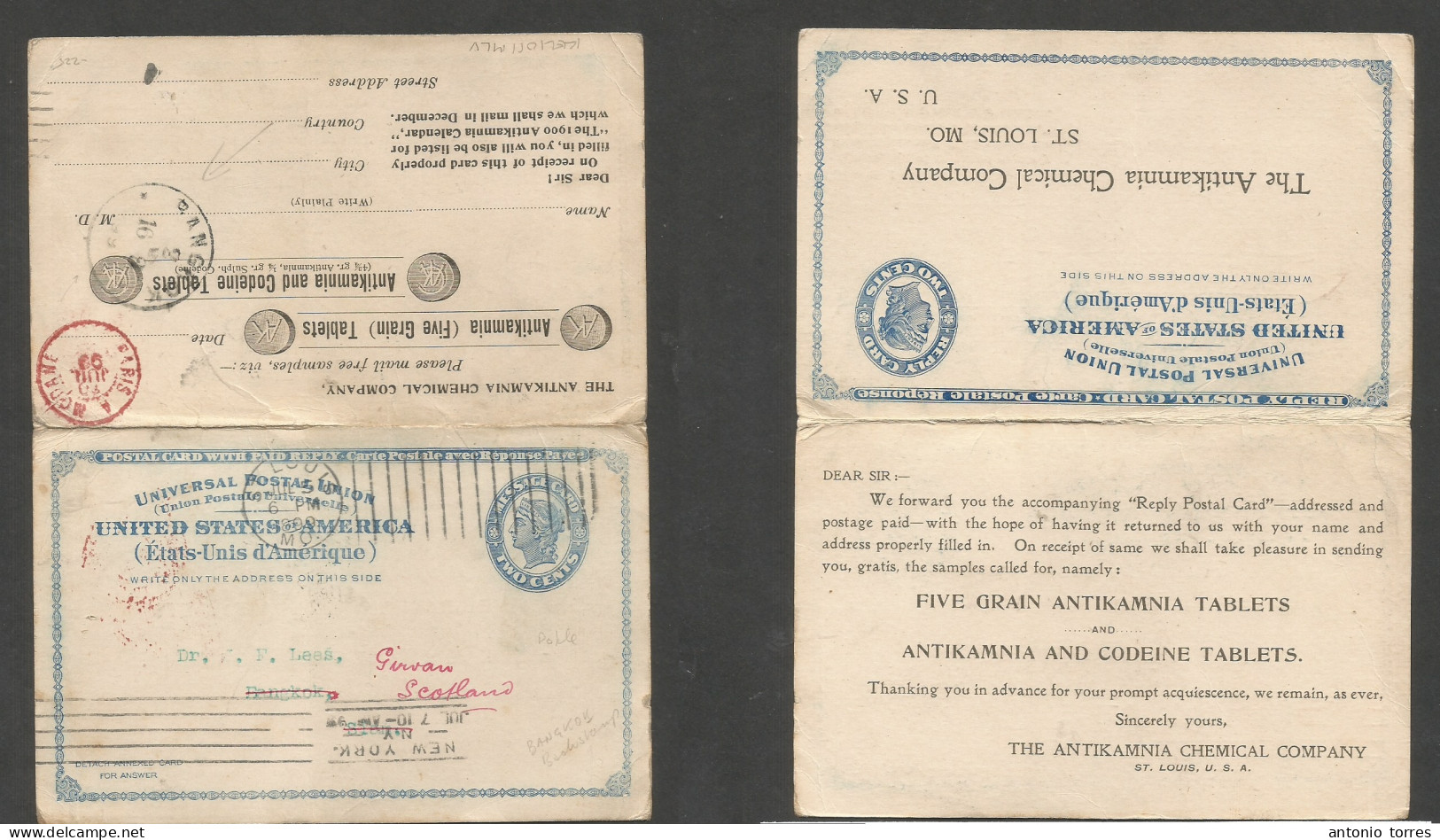 Usa - Stationery. 1899 (July 5) St. Louis, Mo - Siam, Bangkok (16 Sept) Doble 2c Blue Private Cº Print Stat Card Via NY - Otros & Sin Clasificación