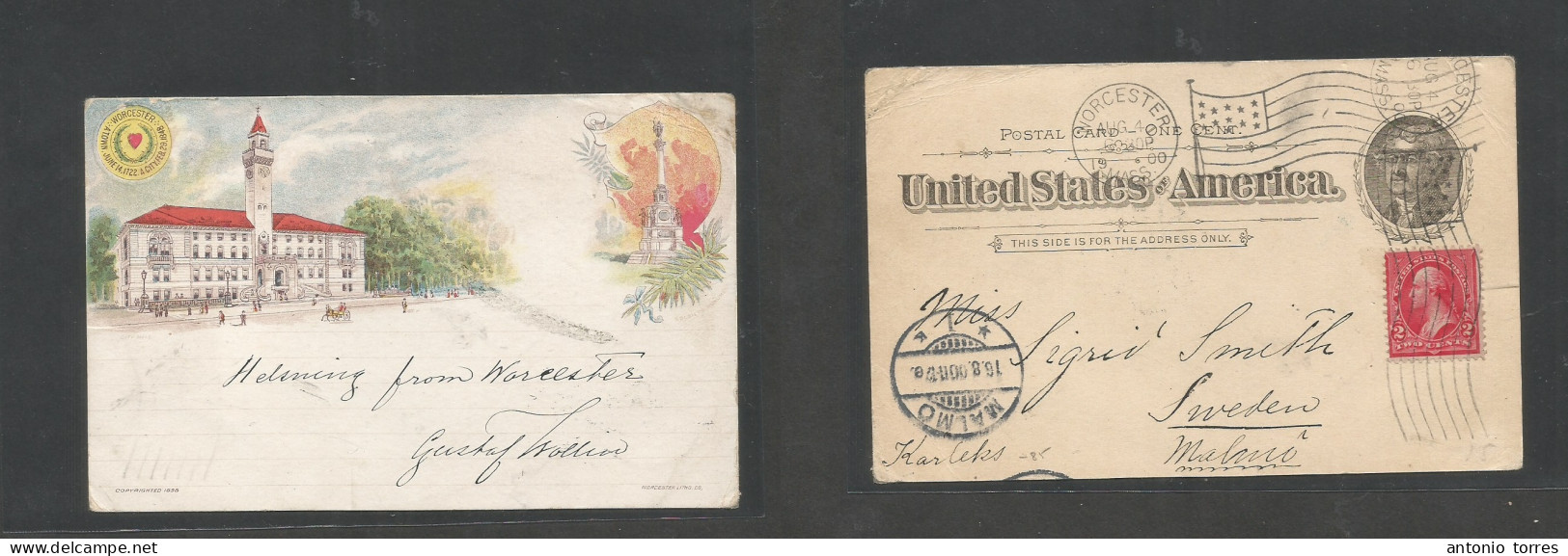 Usa - Stationery. 1900 (4 Aug) Worcester, Mass - Sweden, Malmo (16 Aug) 1c Black Jefferson Stat Card + 2c Red Adtl, Flag - Other & Unclassified