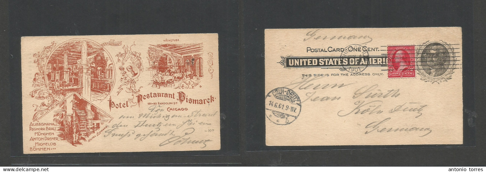 Usa - Stationery. 1901 (4 June) Chicago, Ill - Germany, Coln (14 June) Bismarck Restaurant Hotel 1c Black Red Private Pr - Autres & Non Classés