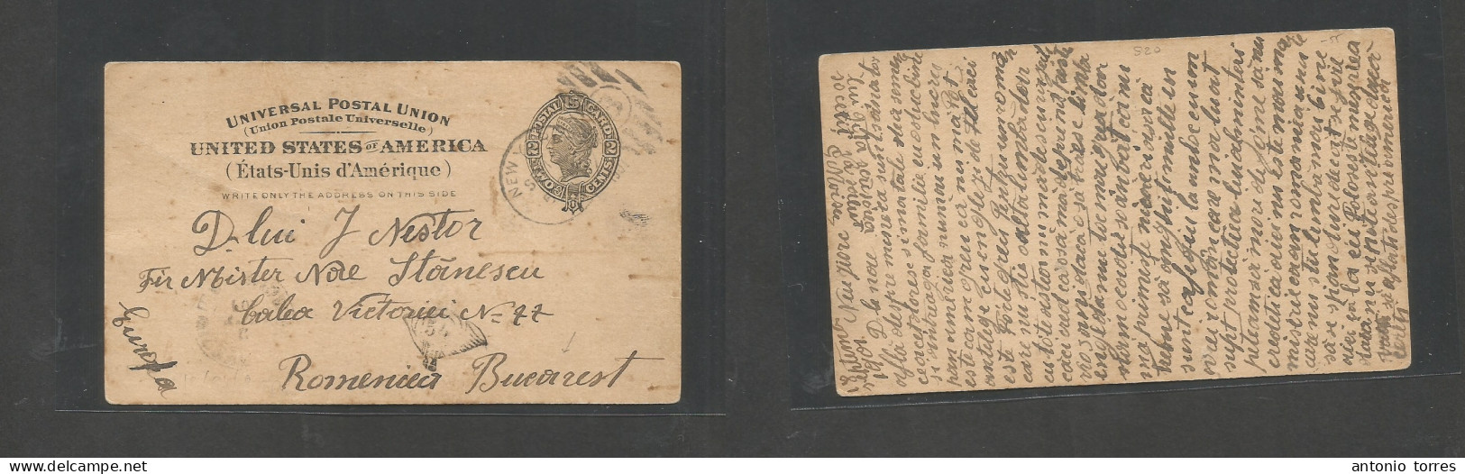 Usa - Stationery. 1901 (Sept 1) NYC - Romania, Bucarest. 2c Black Stat Card + Arrival Cachet On Front (54) Rare Destinat - Sonstige & Ohne Zuordnung