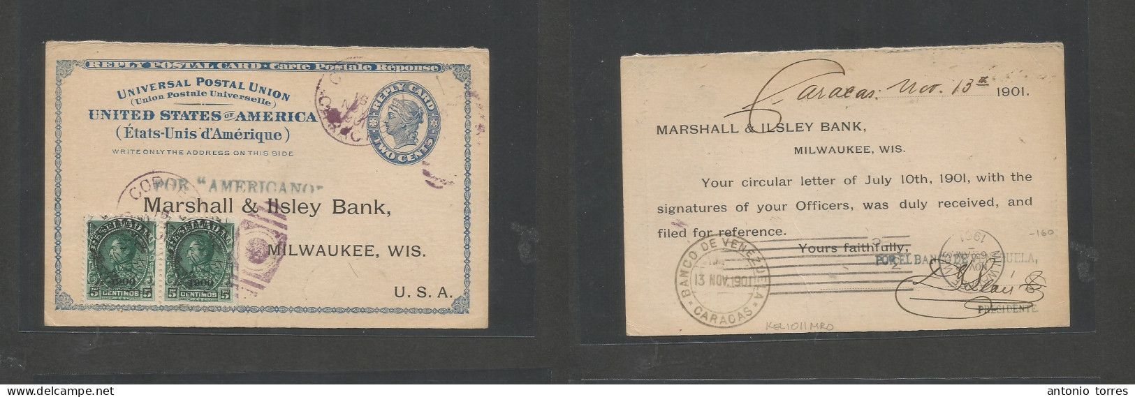 Usa - Stationery. 1901 (16 Nov) Reply 2c Blue Stat Card Proper Usage. Caracas, Venezuela - USA, Milwankee, Wis With Adtl - Autres & Non Classés