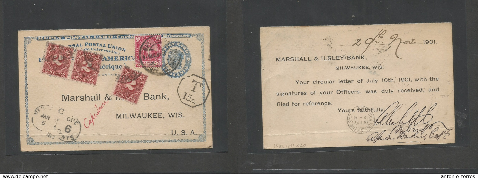 Usa - Stationery. 1901 (29 Nov - 5 Dec) Reply Half Stationary Card Used Back Proper Usage. 2c Blue Stationary + 1d SA Re - Andere & Zonder Classificatie