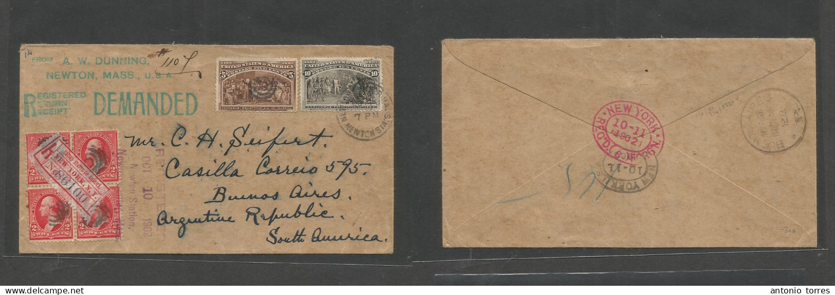 Usa. 1902 (Oct Newton, Mass - Argentina, Buenos Aires (16 Nov) Registered Multifkd Colon Issue AR Envelope At 23c Rate, - Andere & Zonder Classificatie