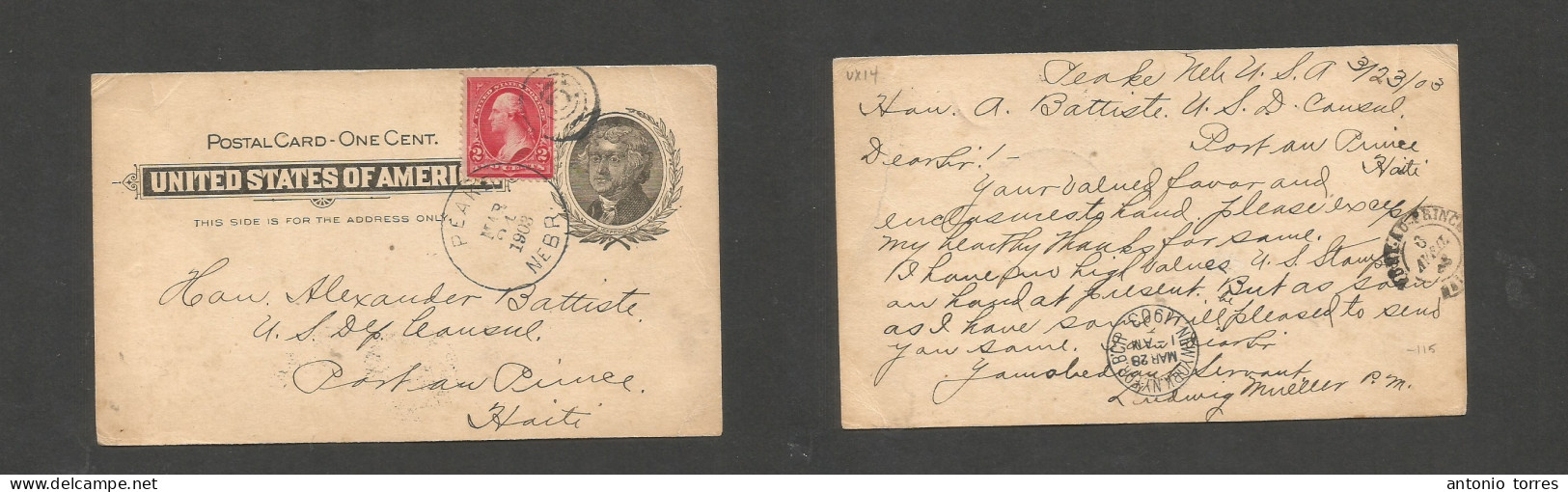 Usa - Stationery. 1903 (23-24 March) Peake, Nebraska - HAITI, Port Prince (6 Apr) French Caribbe. 1c Black Jefferson Sta - Otros & Sin Clasificación