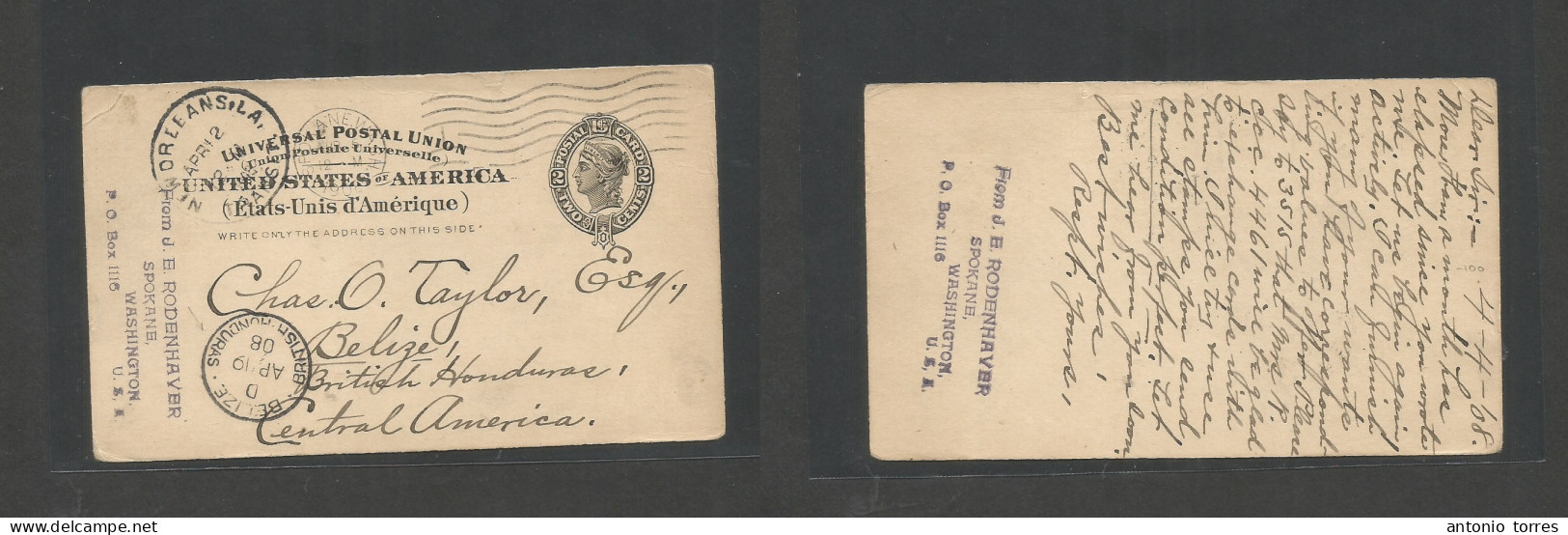 Usa - Stationery. 1908 (4 April) Spokane, Wash - Belize, British Honduras (Apr 19) Via New Orleans 2c Black Stat Card. A - Andere & Zonder Classificatie