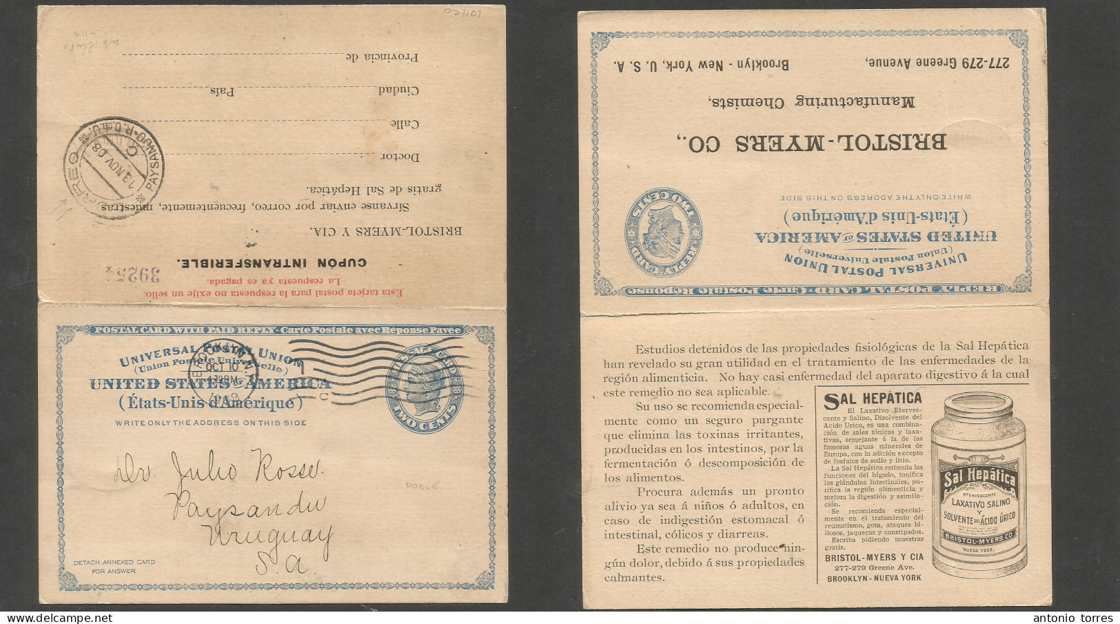 Usa - Stationery. 1908 (10 Oct) Brooklyn, NY - Uruguay, Paysandu, South America (13 Nov) Doble Advertising Illustrated P - Sonstige & Ohne Zuordnung