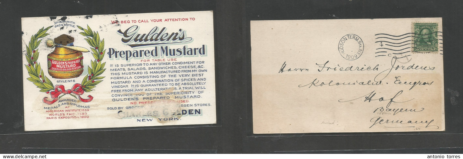 Usa - Xx. 1909. Hudson Terminal, NY - Germany, Bayern. Gulden's Prepared MUSTARD. Color Chronolitho Fkd 1c Green Early P - Sonstige & Ohne Zuordnung