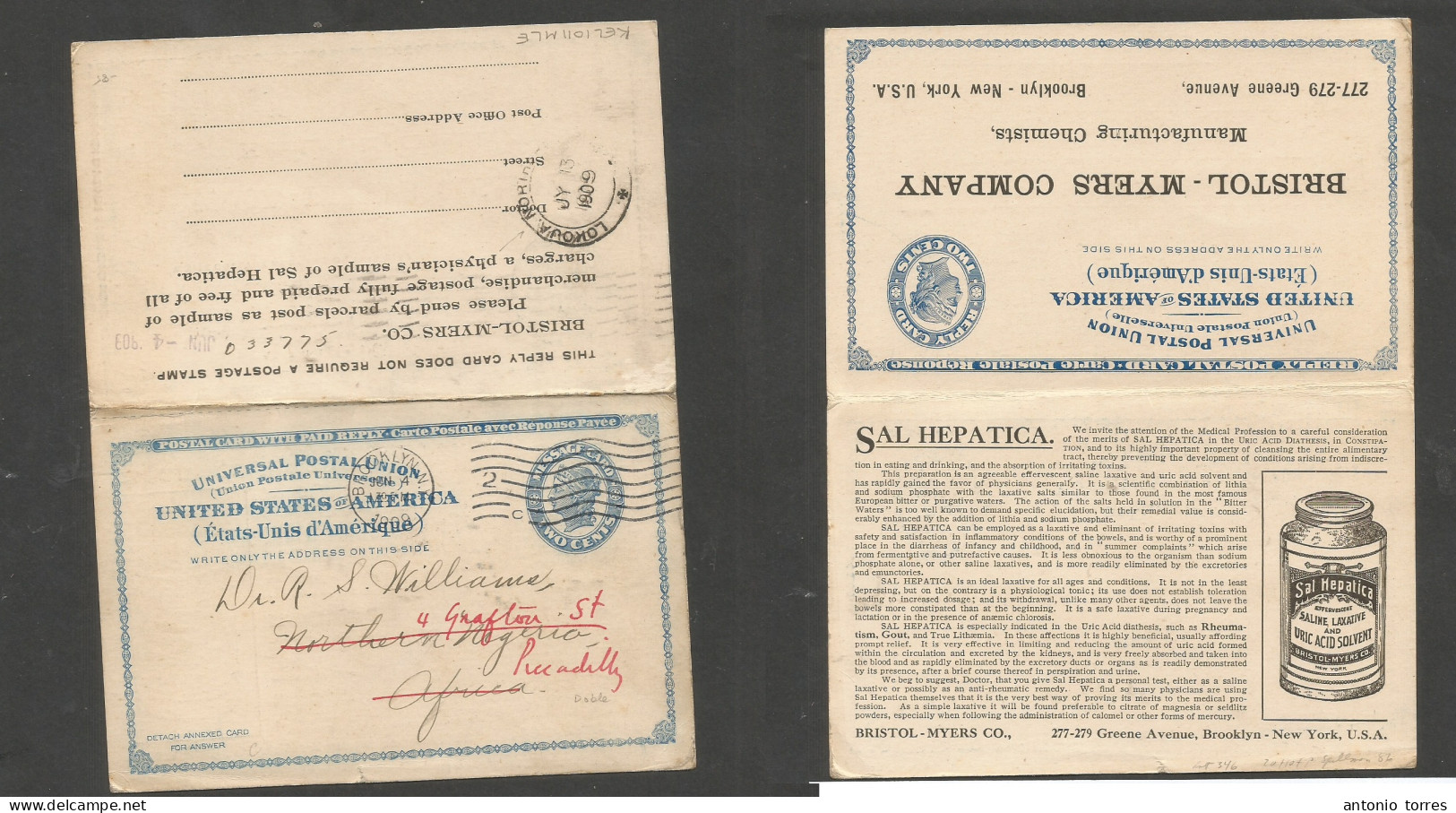 Usa - Stationery. 1909 (June 4) Brooklyn, NY - Nigeria, West British Africa, Lokoja, North Nig (13 July) Doble 2c Blue A - Andere & Zonder Classificatie