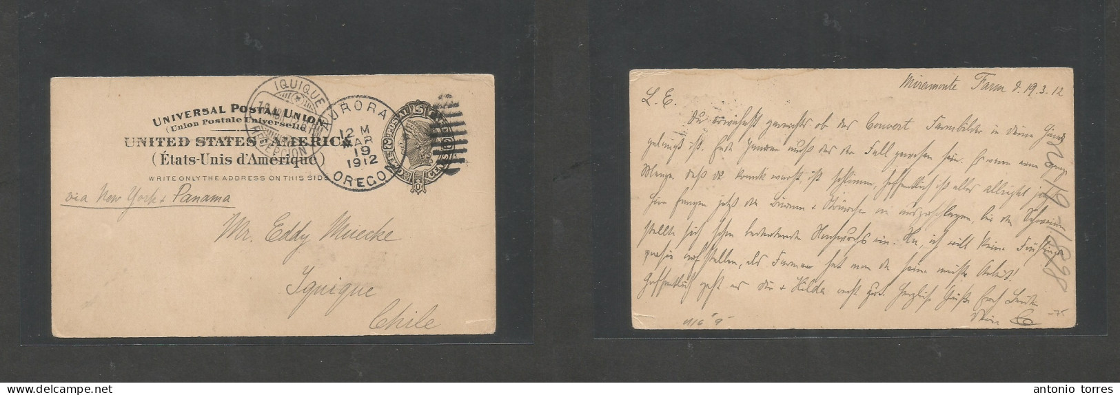 Usa - Stationery. 1912 (19 March) Miramonte Farm, Aurora, Oregon - Chile, Iquique (18 Apr) 2c Black Stat Card Via NY - P - Other & Unclassified
