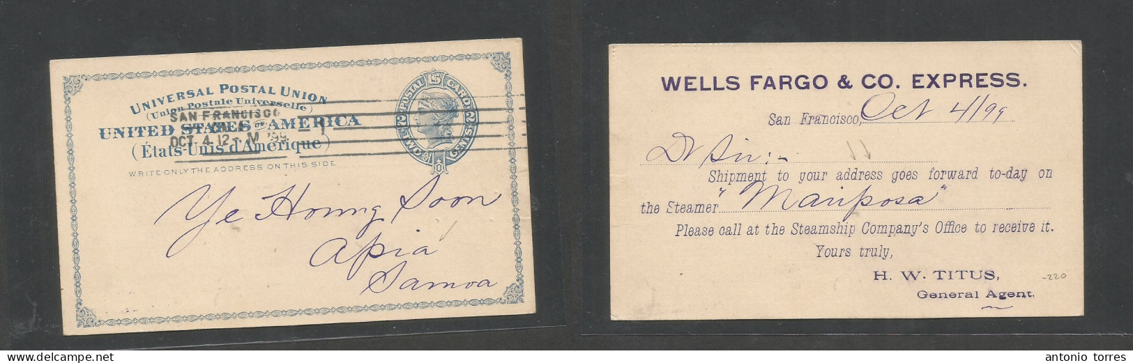 Usa - Stationery. 1912 (Oct 4) San Francisco, CA - Apia, Samoa. 2c Blue Stat Card With Private Printed. Wells Fargo Mess - Other & Unclassified