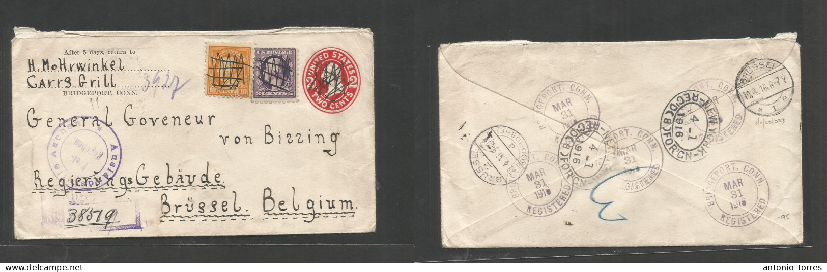 Usa - Xx. 1916 (31 March) Bridge Port, Conn - Belgium, Bruxelles (19 Apr) Registered Multifkd Stat Env WWI Censored, Dep - Sonstige & Ohne Zuordnung