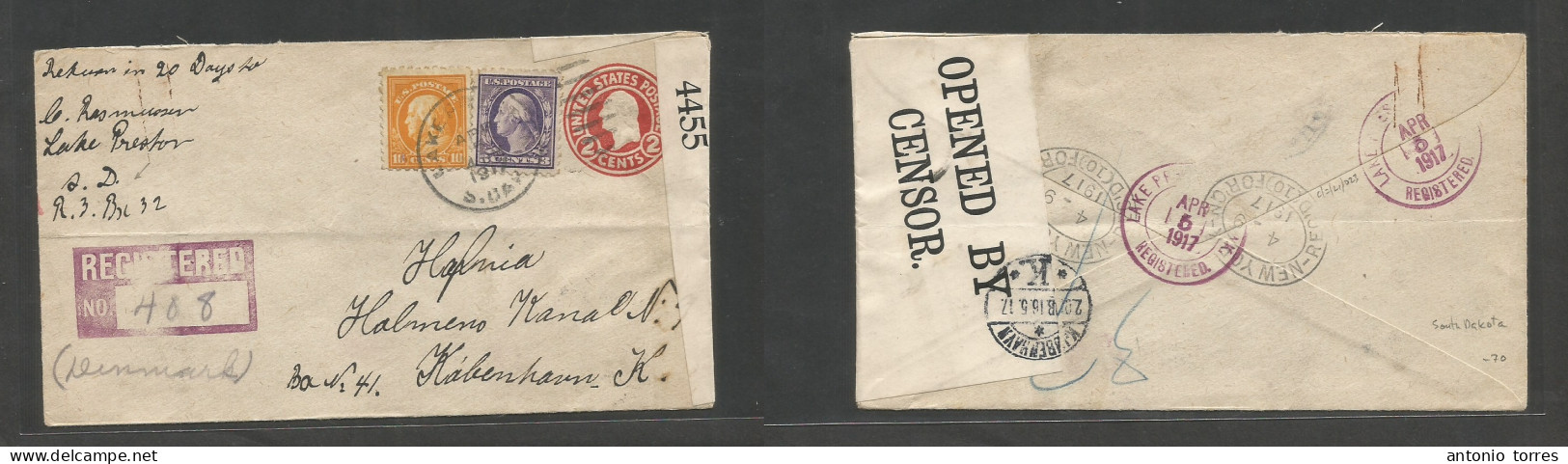 Usa - Xx. 1917 (Apr 5) Lake Preston, South Dakota - Denmark, Cph (16 May) Registered Multifkd 2c Red Stat Env + 2 Adtls, - Other & Unclassified