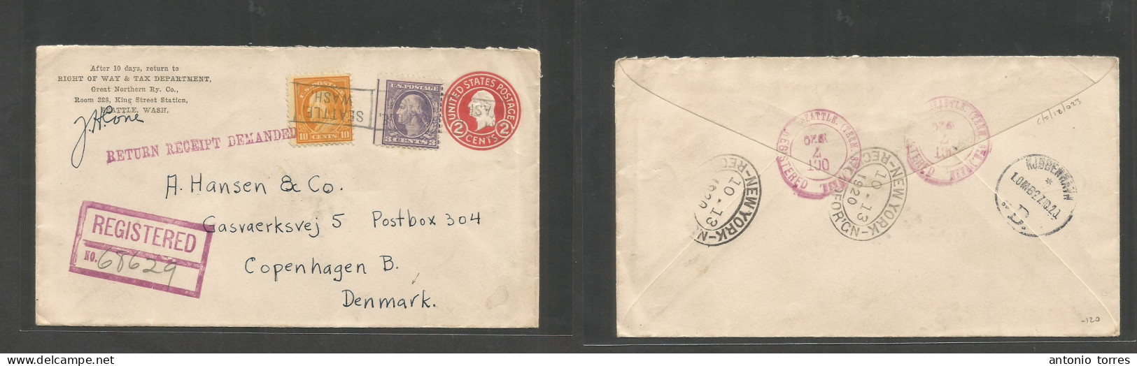 Usa - Xx. 1920 (7 Oct) Seattle, Wash - Denmark, Cph (27 Oct) Registered Comercial Multifkd + Retour Receipt Demanded Sta - Autres & Non Classés