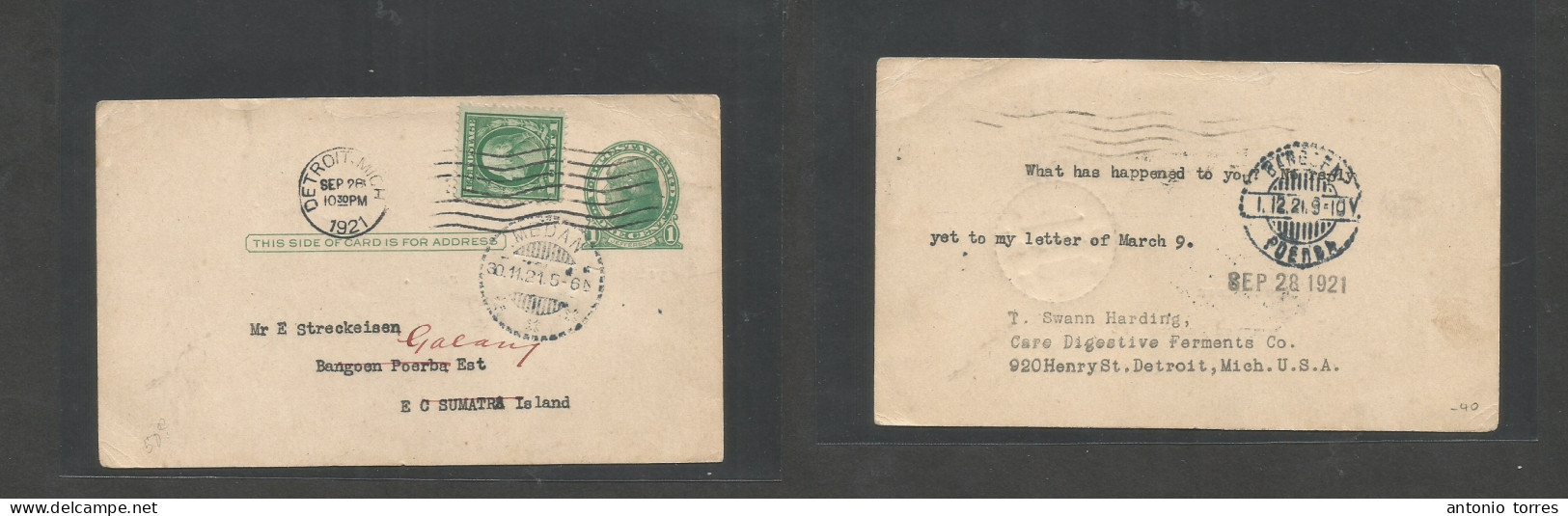 Usa - Xx. 1921 (28 Sept) Detroit, Mich - Indonesia, Dutch Indies, Sumatra, Medan (30 Nov) 1c Green Stat Card + 1c Adtl, - Andere & Zonder Classificatie