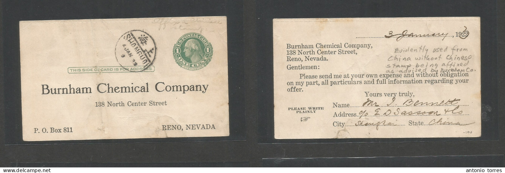 Usa - Xx. 1922 (4 Jan) 1c Green Washington Business Reply Stat Card Proper Usage. China, Shanghai - USA, Reno, Nevada. B - Other & Unclassified