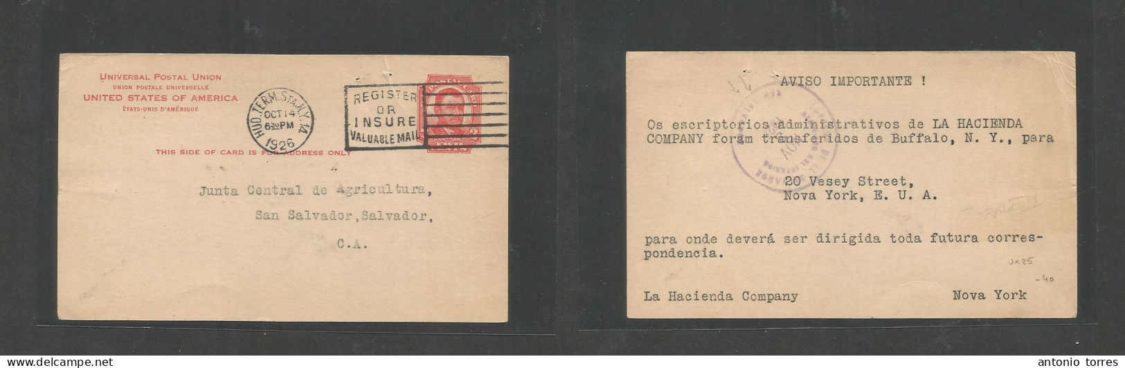 Usa - Xx. 1926 (Oct 14) NYC - Salvador City, Salvador, Central America (Nov 13) 2c Red Stat Card, Slogan Cachet. VF Used - Other & Unclassified