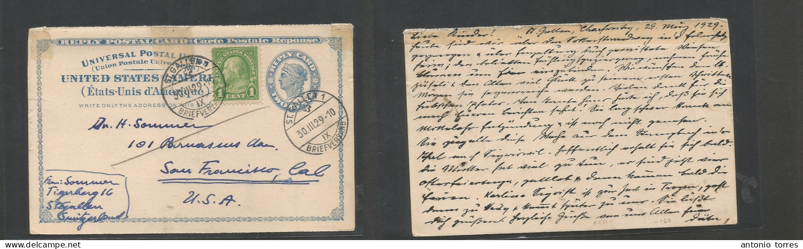 Usa - Stationery. 1929 (30 March) St. Gallen - San Francisco, CAL. 2c Intense Blue Half Reply Card Proper Usage Back + 1 - Sonstige & Ohne Zuordnung