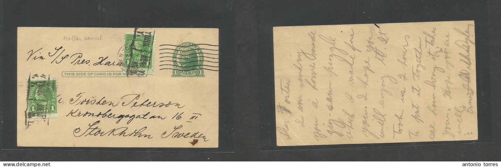 Usa - Xx. 1933 (14 March) NYC - Sweden, Stockholm. 1c Green Stat Card + 2 Adtls, Suplementary Cancel Box + Roller Cds. E - Sonstige & Ohne Zuordnung