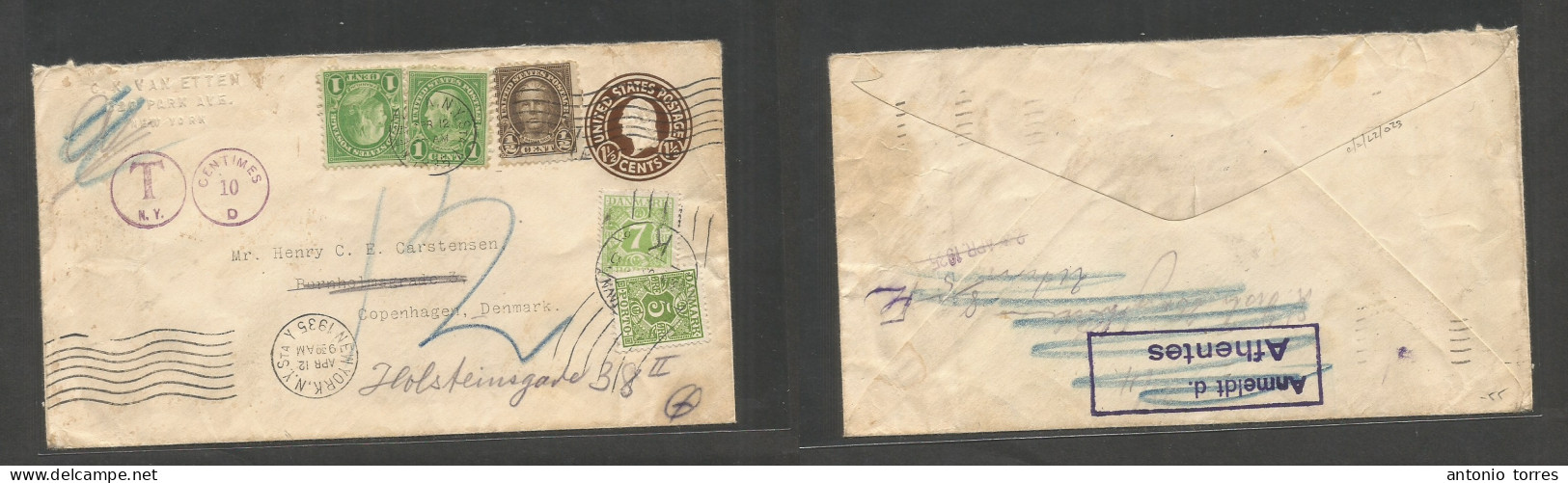 Usa - Xx. 1935 (12 Apr) NYC - Denmark, Cph (30 Apr) 1 1/2c Brown Stat Comercial Envelope + 3 Adtls, Tied Rolling Cachet - Other & Unclassified