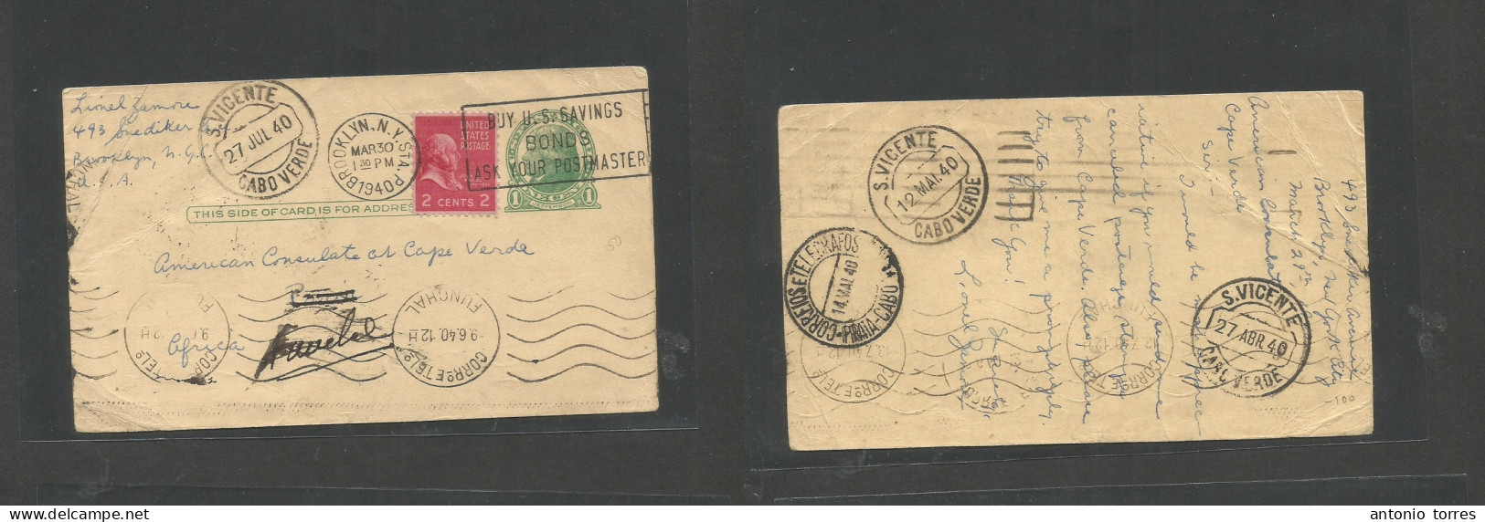 Usa - Prexies. 1940 (29 March) Brooklyn, NY - Praia, Cabo Verde (27 July) Fwded Azores. 1c Green Stat Card + 2c Pink Pre - Sonstige & Ohne Zuordnung