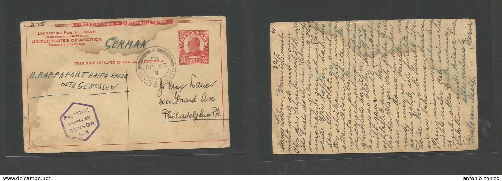 Usa - Xx. 1940 (22 June) 3c Red Reply Half Stat Card Proper Usage. Palestine, Mont Carmel - Philadelphia, PA With Censor - Autres & Non Classés