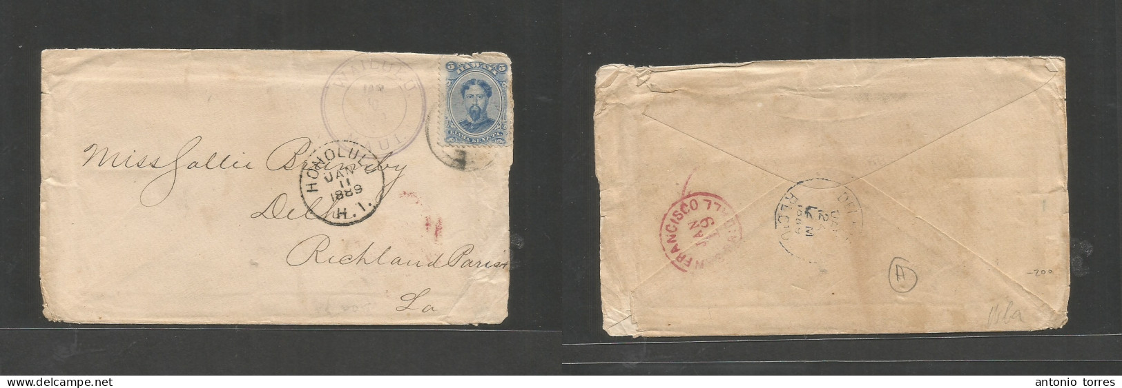 Usa - Hawaii. 1889 (10 Jan) Wailuku, Maui - USA, Richland, LA (24 Jan) 5c Blue Fkd Env Rings + Cds. Via Honolulu - S. Fc - Autres & Non Classés