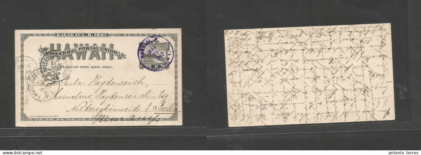 Usa - Hawaii. 1892 (13 May) Hanalei - Germany, Niederschonnoeide (16 June) 2c Black Stat Card, Fine Violet Depart Cds (x - Other & Unclassified