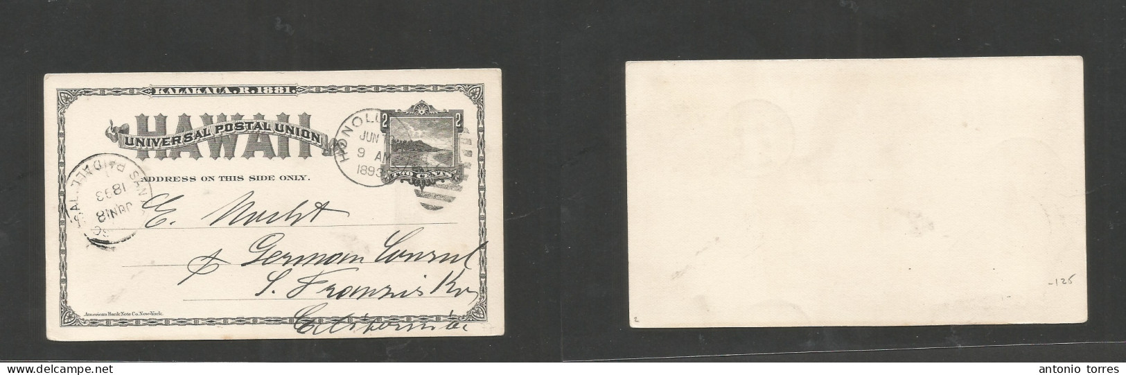 Usa - Hawaii. 1893 (June 10) Honolulu - USA, CA, S. Fco (18 June) 2c Black Stationary Card. Scarce Circulated. - Other & Unclassified