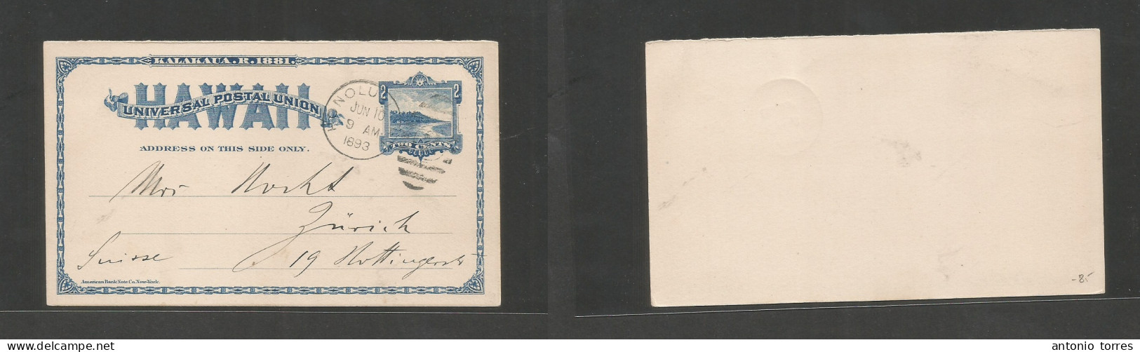 Usa - Hawaii. 1893 (10 June) Honolulu - Switzerland, Zurich. 2c Blue Stat Card, Cancelled Grill Cds. On Philatelia Usage - Sonstige & Ohne Zuordnung