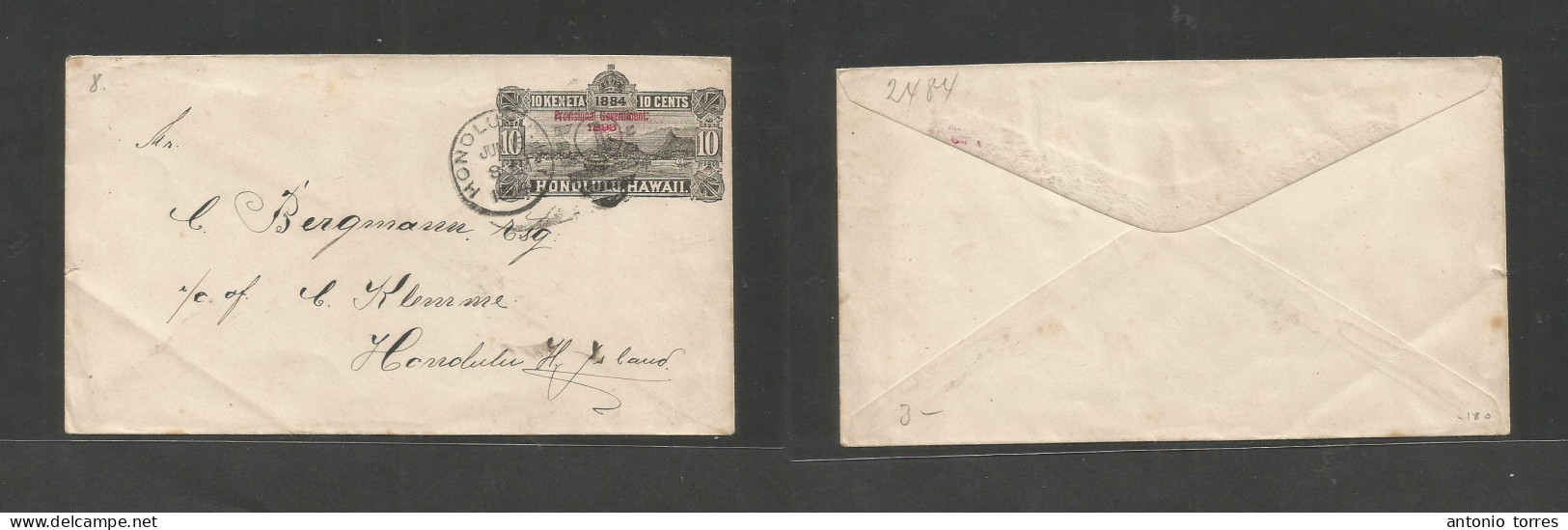 Usa - Hawaii. 1894 (18 June) Honolulu Local Circulation. Provisional Government Red Ovptd 10c Black Stat Env, Cds Grill. - Otros & Sin Clasificación