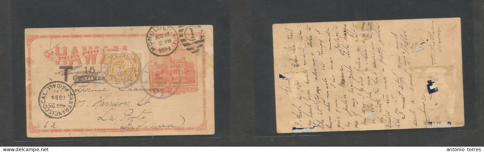 Usa - Hawaii. 1894 (14 Aug) Paia, Maui - Indiana, La Porte, USA. Red Stat Card + 1c Yellow Adtls Stamp, Tied Violet Depa - Sonstige & Ohne Zuordnung