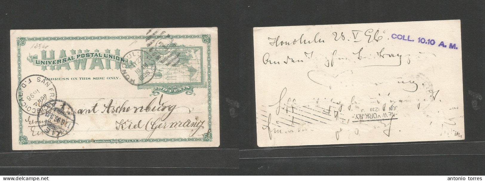 Usa - Hawaii. 1896 (28 May) Honolulu - Germany, Kiel (10 June) 2c Green Stat Card Via S. Fco (June 4) Fine Circulation. - Otros & Sin Clasificación